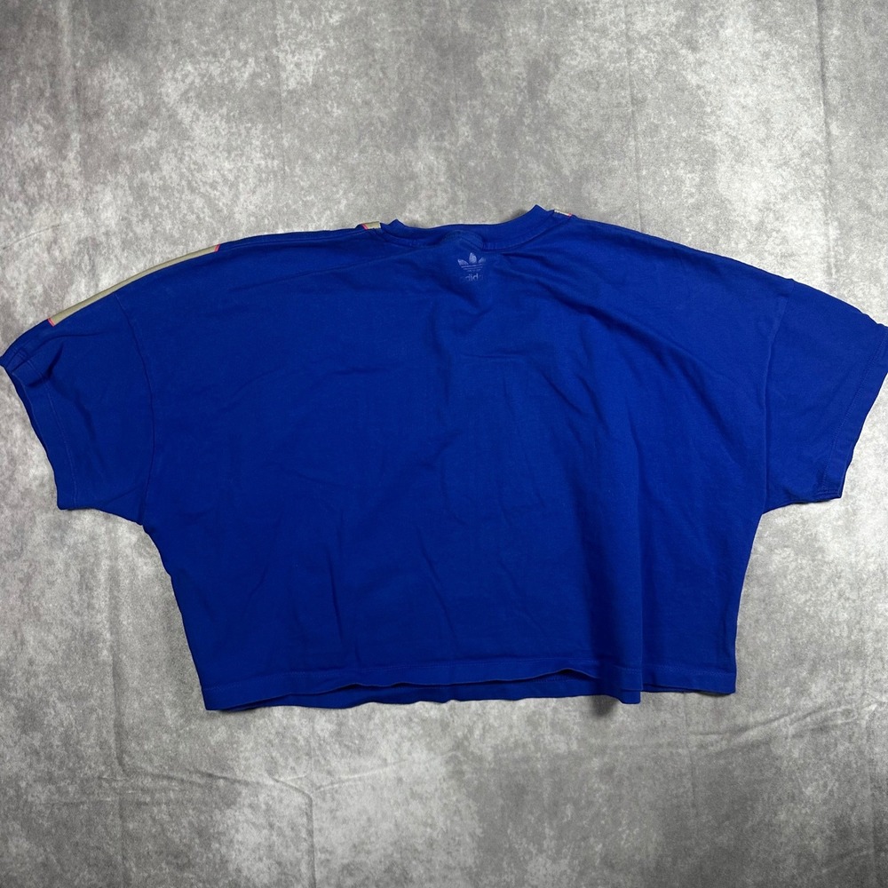 Adidas Originals Womens L Blue Tan Oversized Trefoil Graphic Crop Boxy T-Shirt - Picture 2 of 5